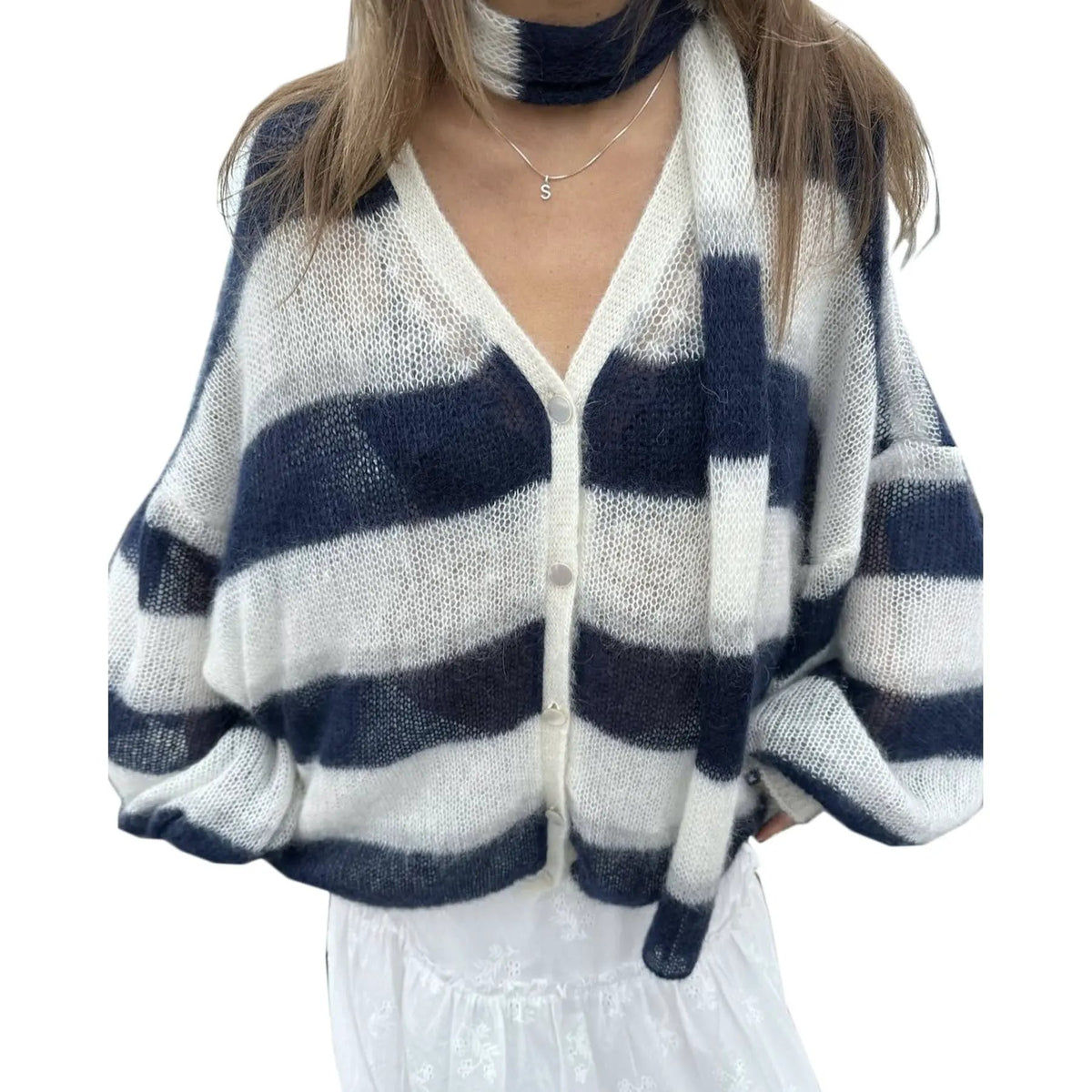 Loose And Idle Striped Sweater Cardigan With Scarf by Maiden-Art