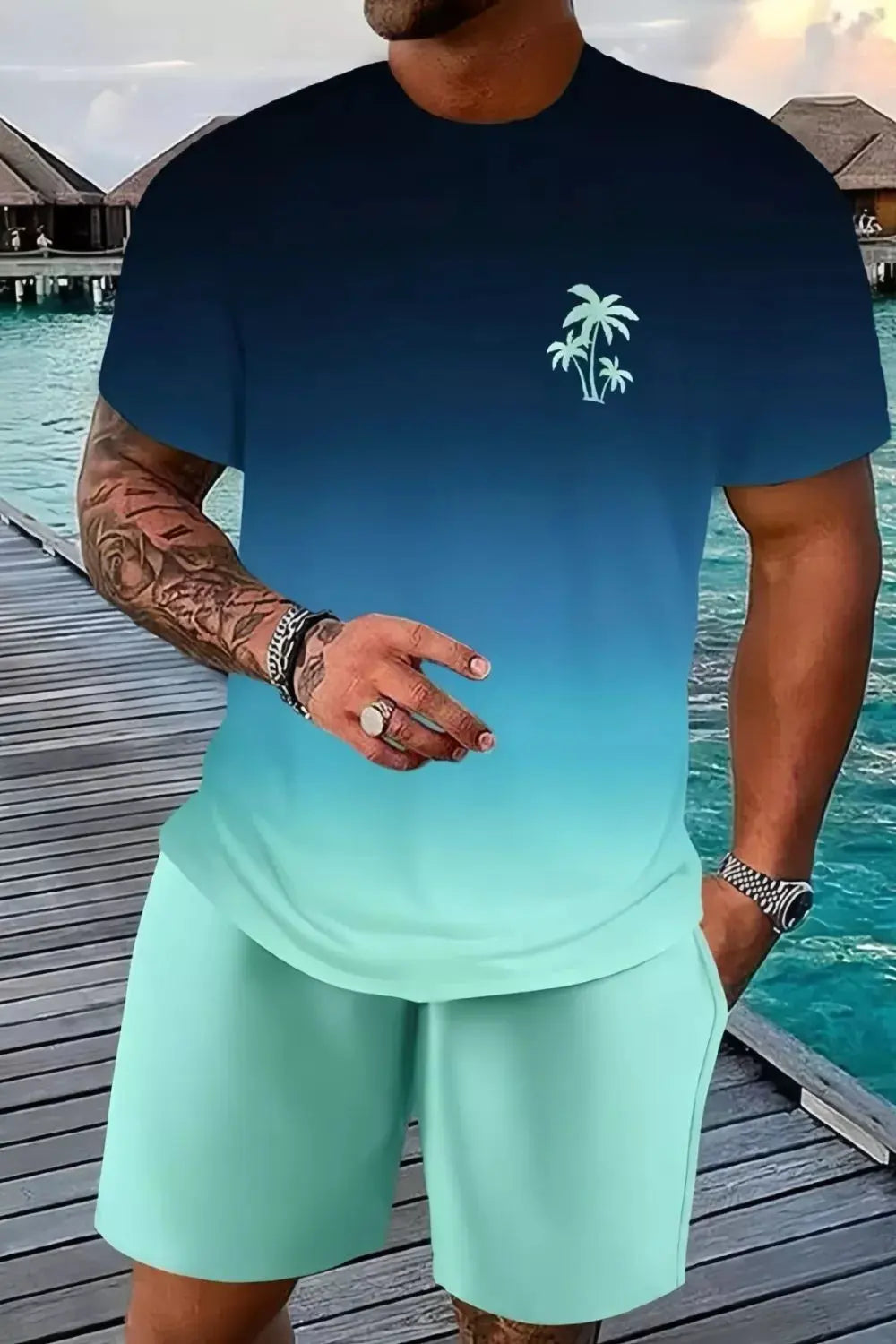 Men's Full Size Tropical Print Casual Tee and Shorts Set Plus Size by Trendsi