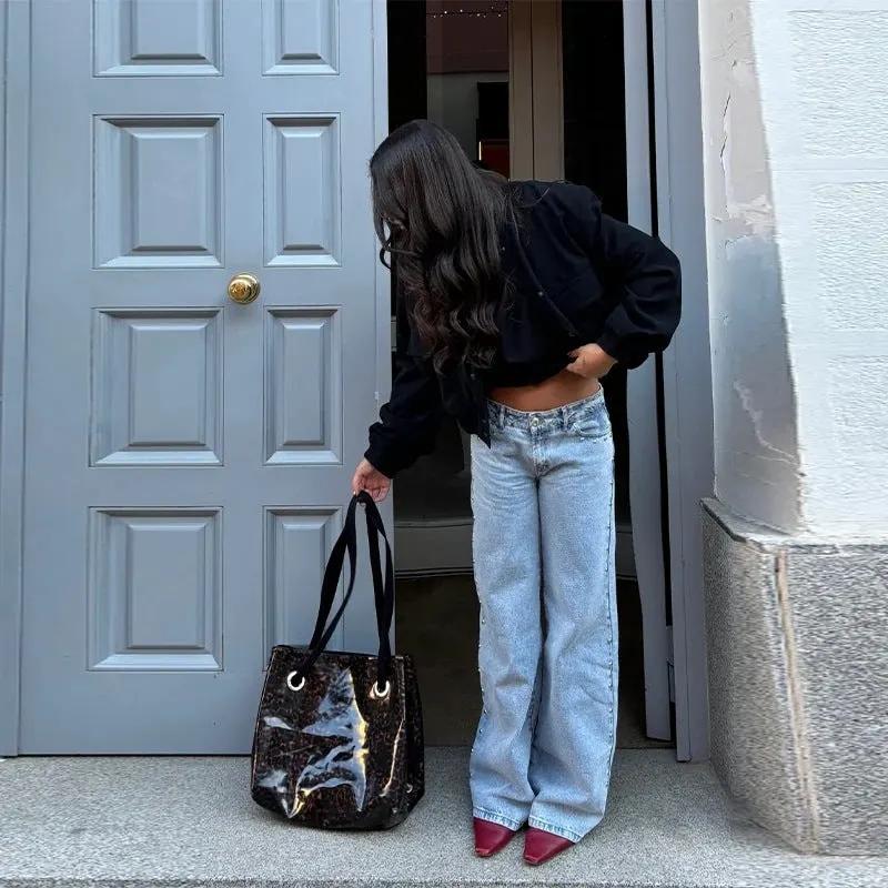 Leopard Print Five-pointed Star Deconstructing Jeans For Women by Maiden-Art