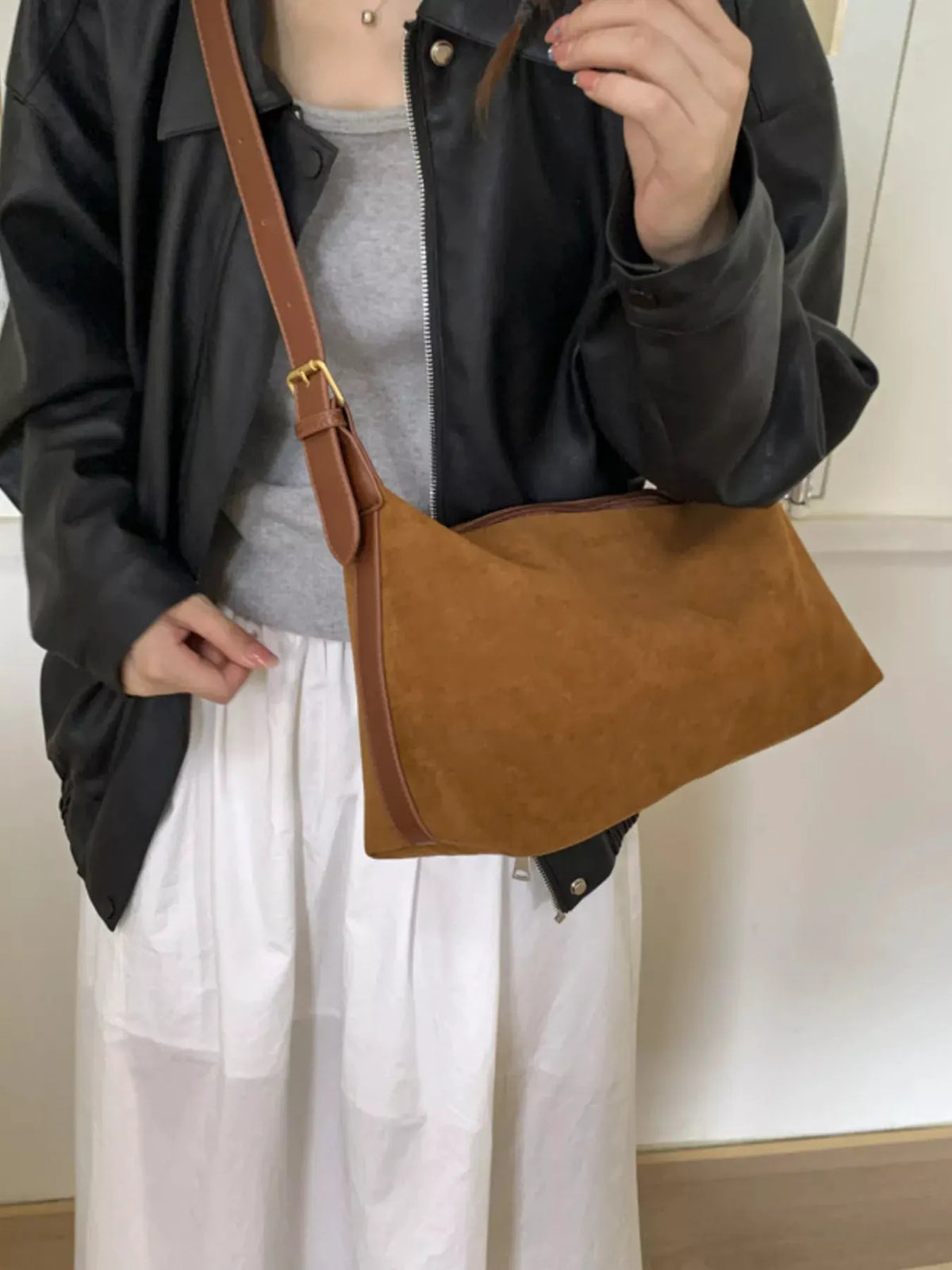 Solid Color Suede Hobo Crossbody Bag by Partner Label