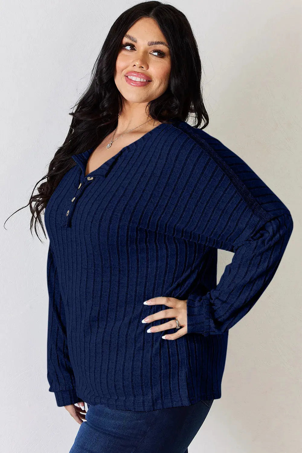 Basic Bae Full Size Ribbed Half Button Long Sleeve T‑Shirt | Partner Labels Selection by Partner Label