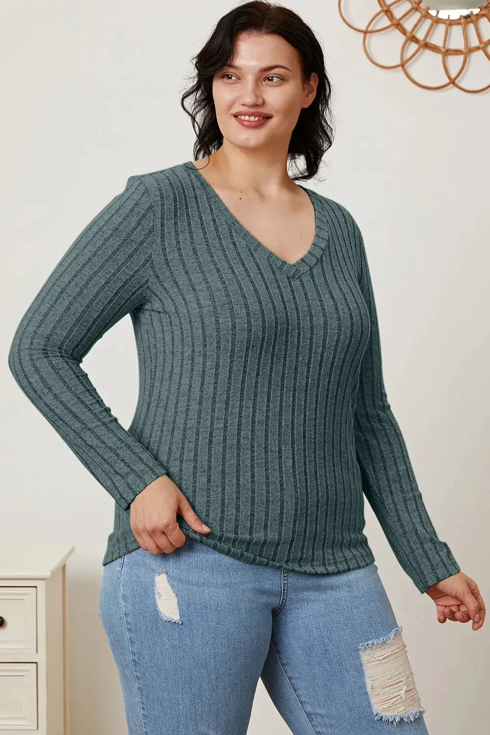 Full Size Ribbed V‑Neck Long Sleeve T‑Shirt | Partner Labels Selection by Partner Label