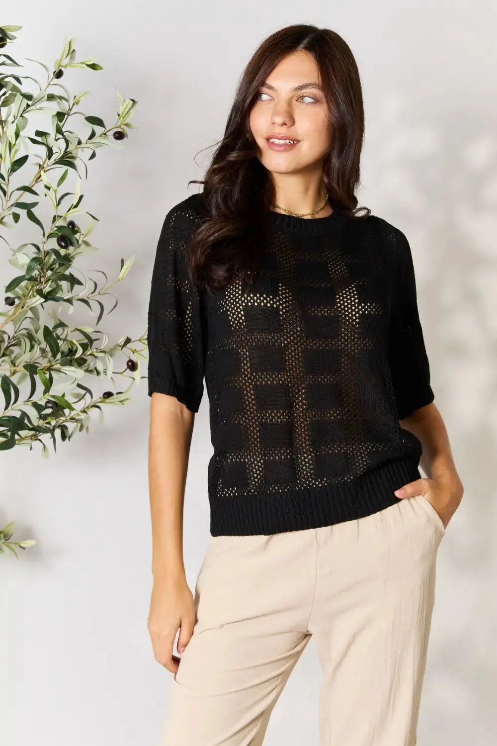 Mandy Ribbed Trim Round Neck Knit Top by Mandy