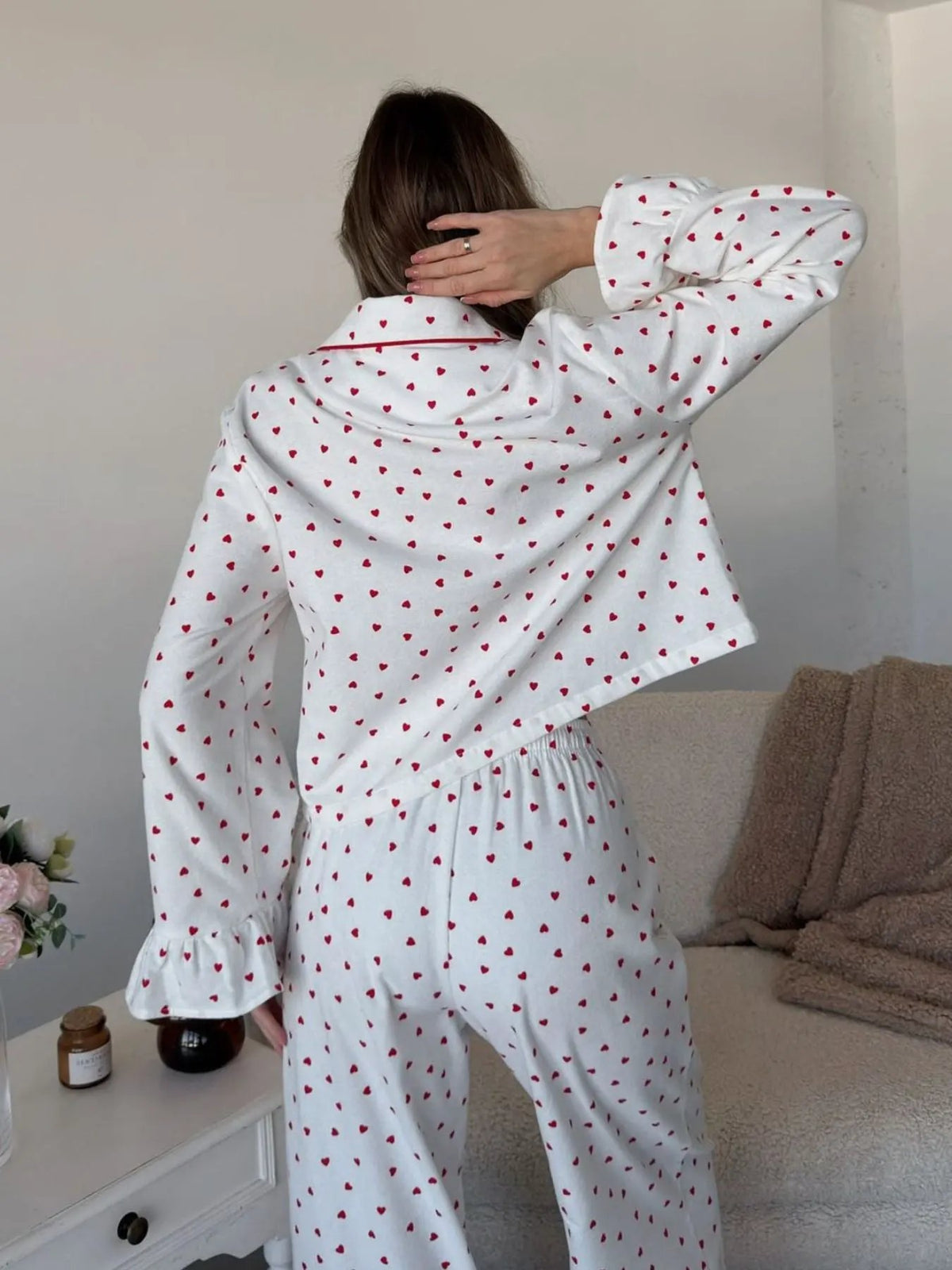 Heart Print Long Sleeve Top and Pants Lounge Set by Partner Label