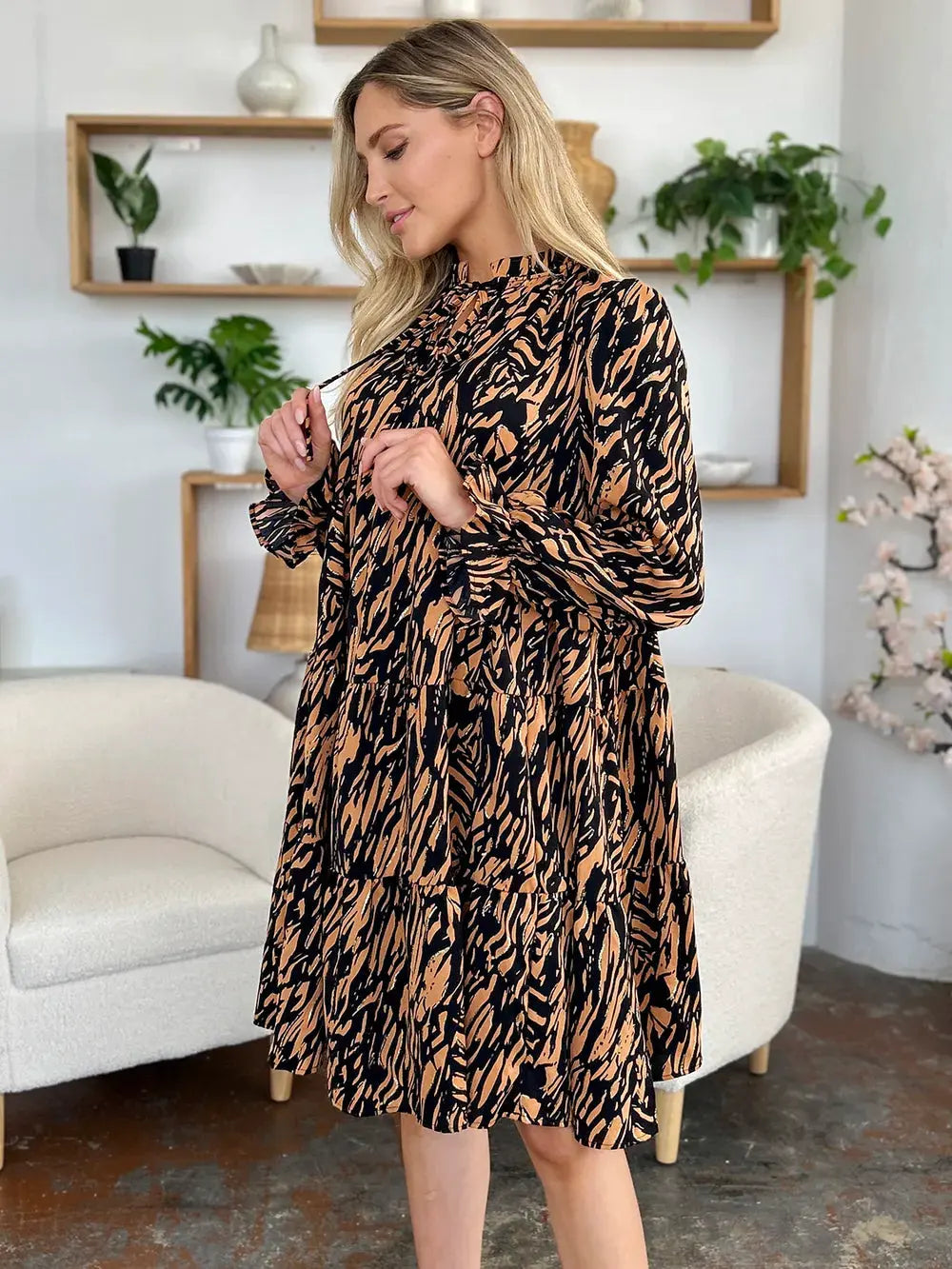 Double Take Full Size Printed Ruffle Hem Long Sleeve Dress by Double Take