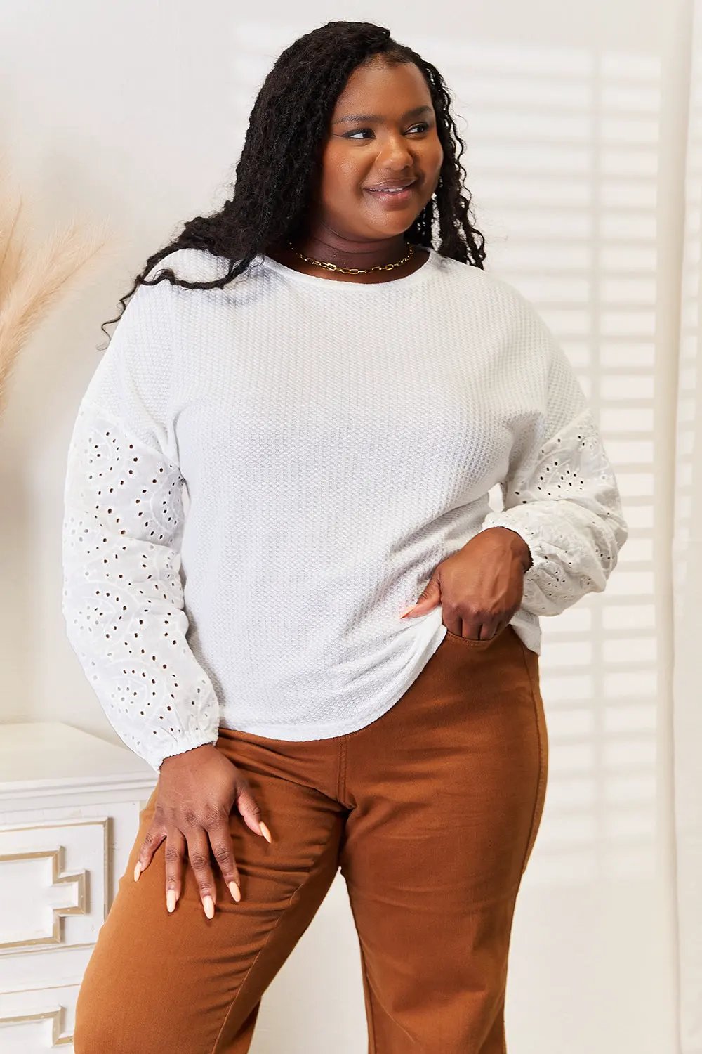 Shiny Eyelet Dropped Shoulder Round Neck Blouse by Shiny