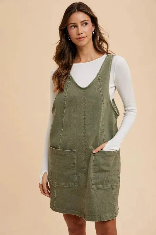 Annie Wear V-Neck Adjustable Strap Denim Overall Dress with Pockets by Partner Label