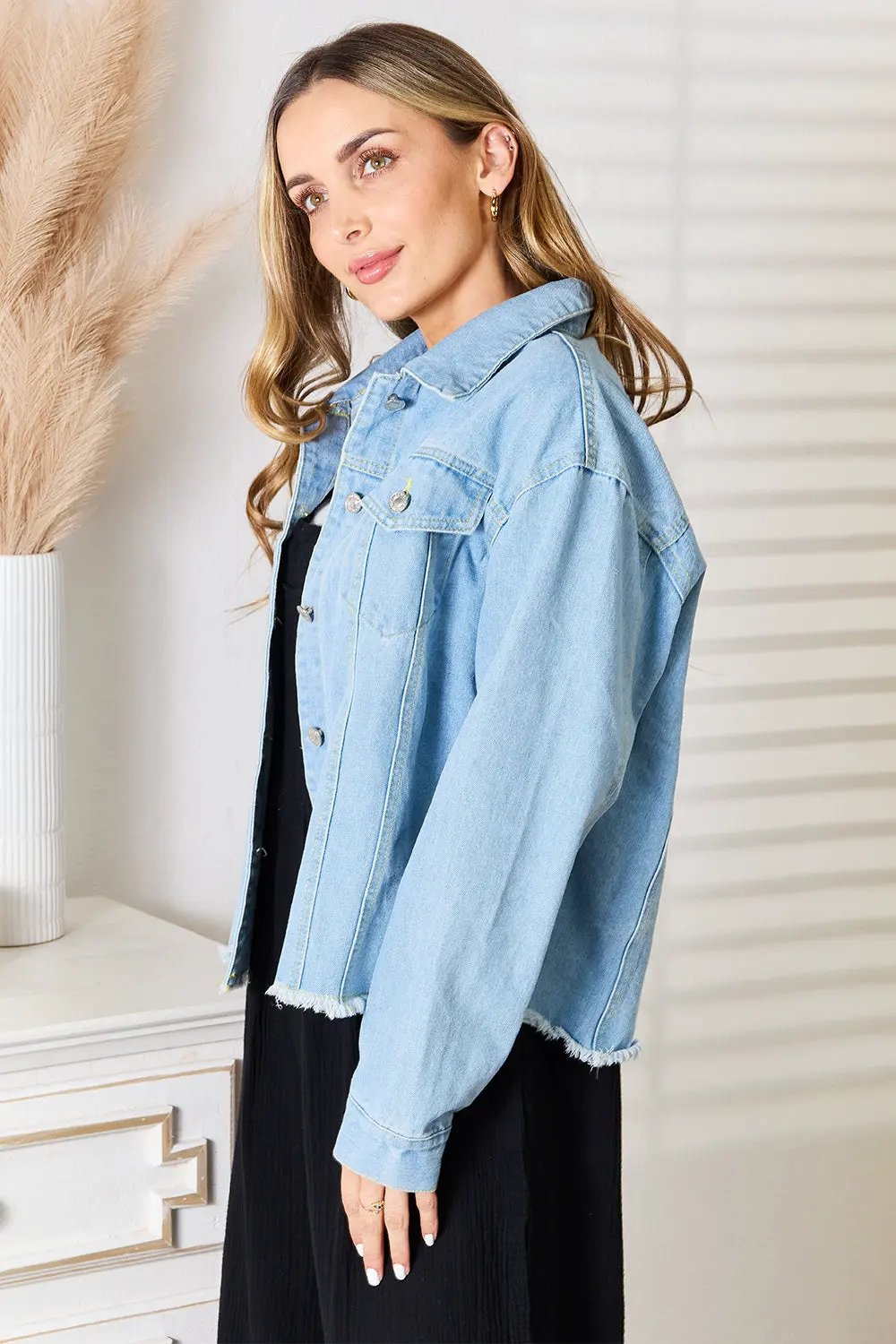 Double Take Dropped Shoulder Raw Hem Denim Jacket by Double Take