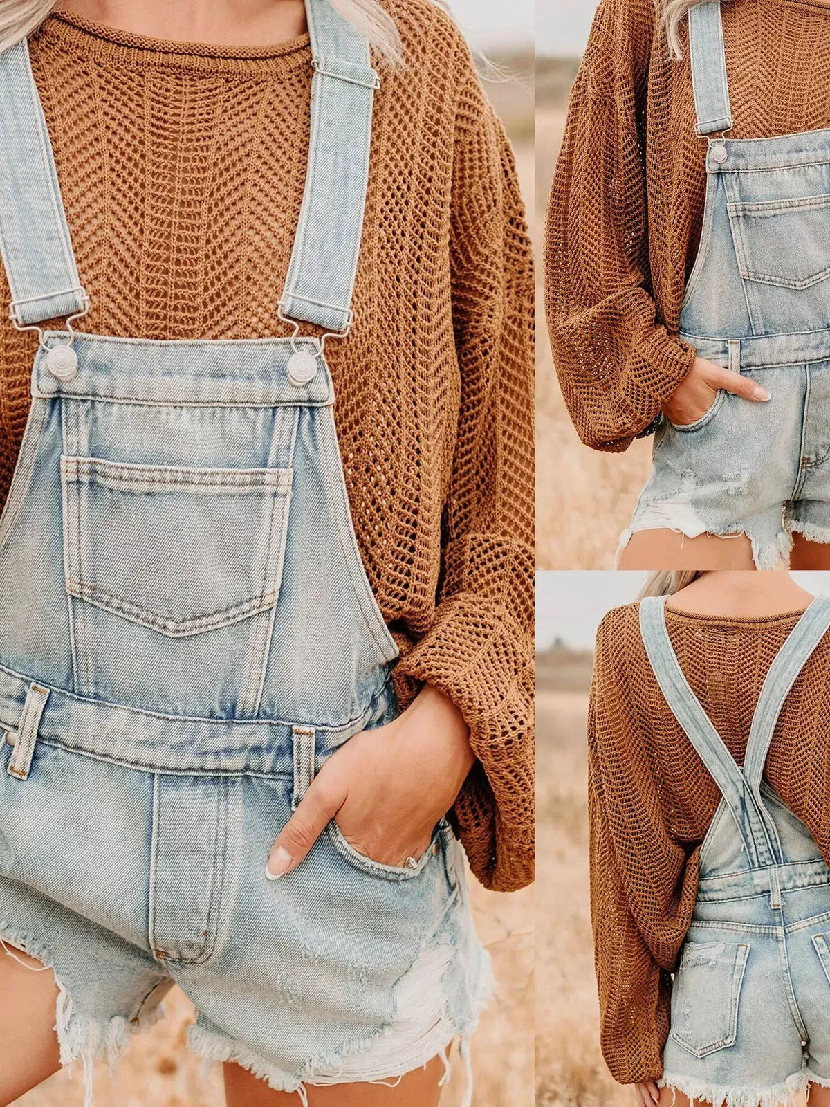 Distressed Denim Overalls Shorts by Partner Labels