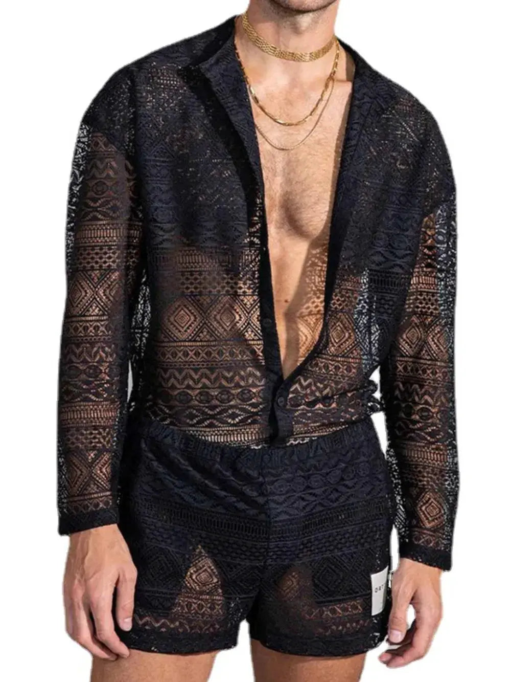 Men's Full Size Lace Button Down Top and Shorts Set Plus Size by Trendsi