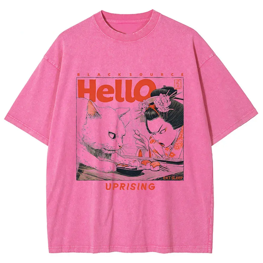 Funny Japanese Cat Print Vintage Cotton T-Shirt by Vimost Shop