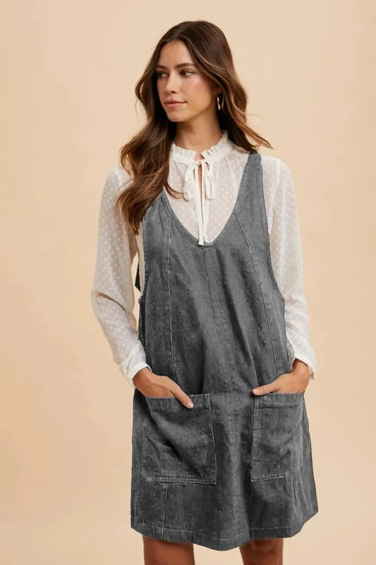 Annie Wear V-Neck Adjustable Strap Denim Overall Dress with Pockets by Partner Label