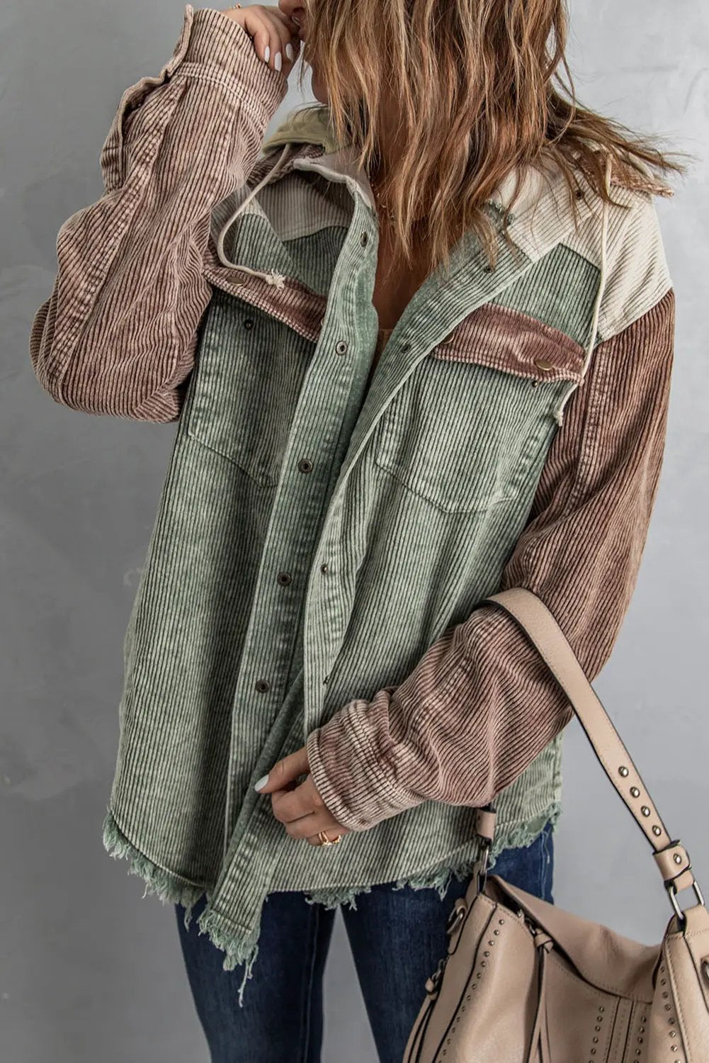 Snap Front Hooded Corduroy Shacket by Partner Label