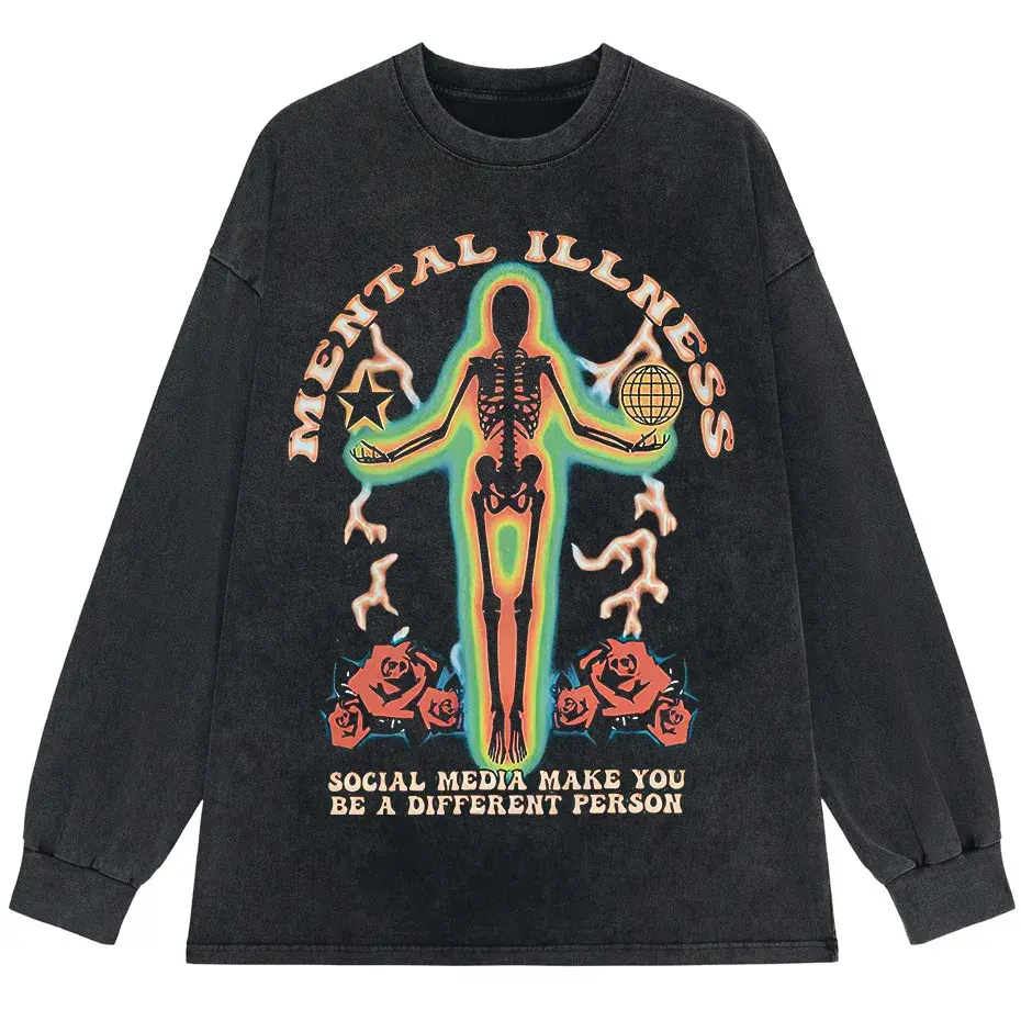 Skeleton Rose Graphic Vintage Washed Cotton T-Shirt Streetwear by Vimost Shop