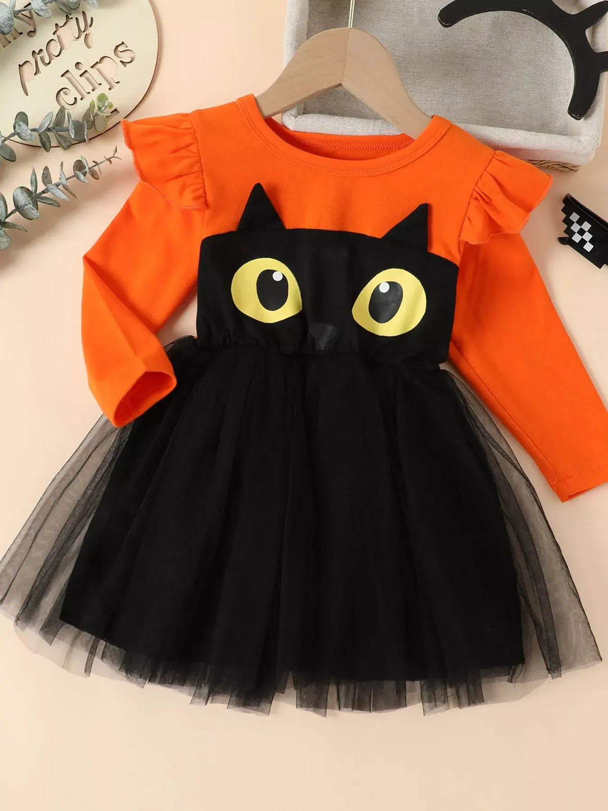 Children's Halloween Cat Eye Ruffle Tulle Dress by Trendsi