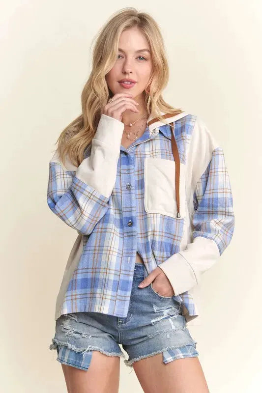 ADORA Button Down Plaid Hoodie Shacket by Partner Label