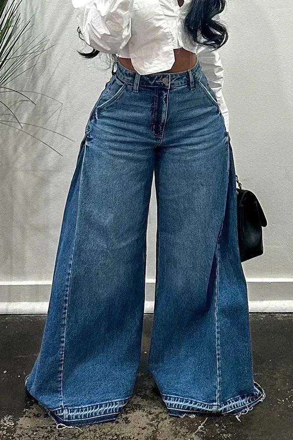 Loose Wide Leg Jeans Stitching Bell-bottom Pants Tassel Trousers by Maiden-Art