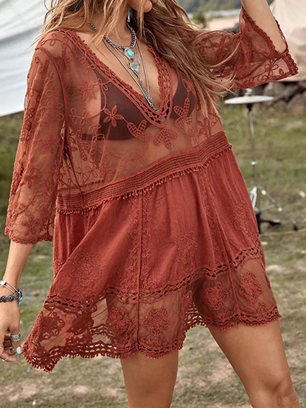 Lace Detail Plunge Cover-Up Dress by Partner Label