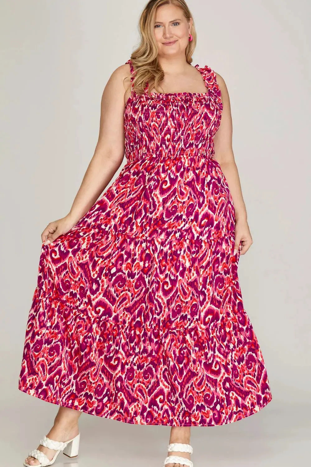 She + Sky Full Size Smocked Printed Wide Strap Tiered Dress Plus Size by She + Sky