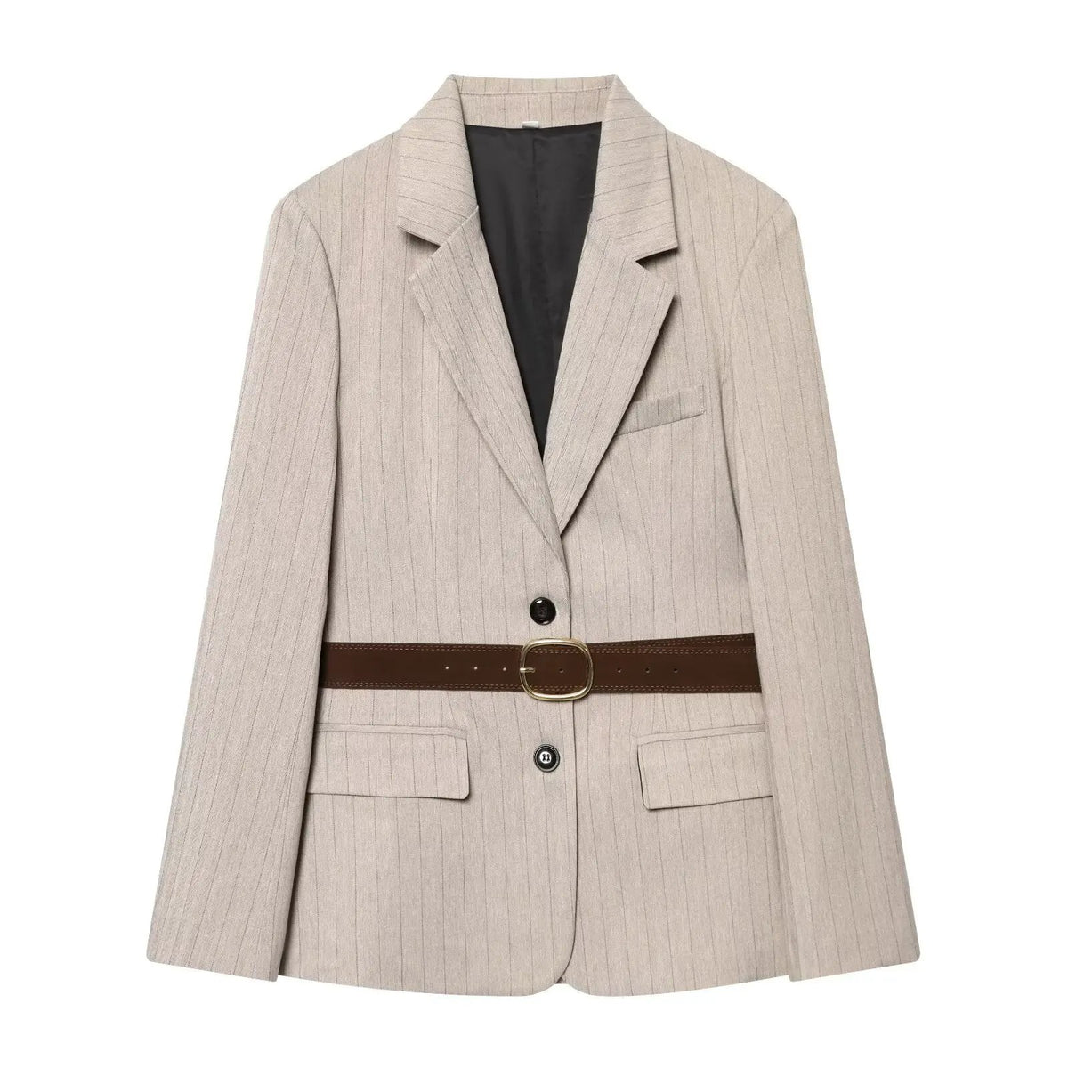 Women's Jacket Beige Pinstripe Belted Blazer BYMANYC ® New York WALL STREET BELTED BEIGE BLAZER - New Collection by BYMANYC ® New York