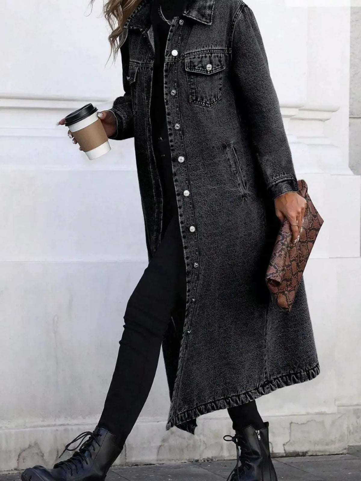 Longline Button-Front Denim Jacket by Partner Label