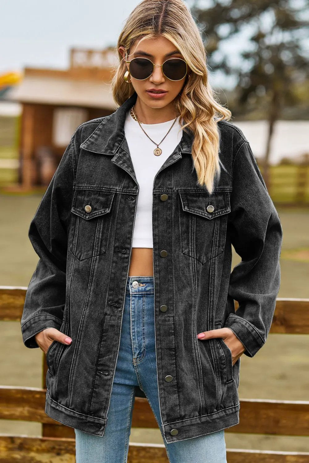 Buttoned Collared Neck Denim Jacket with Pockets by Partner Label