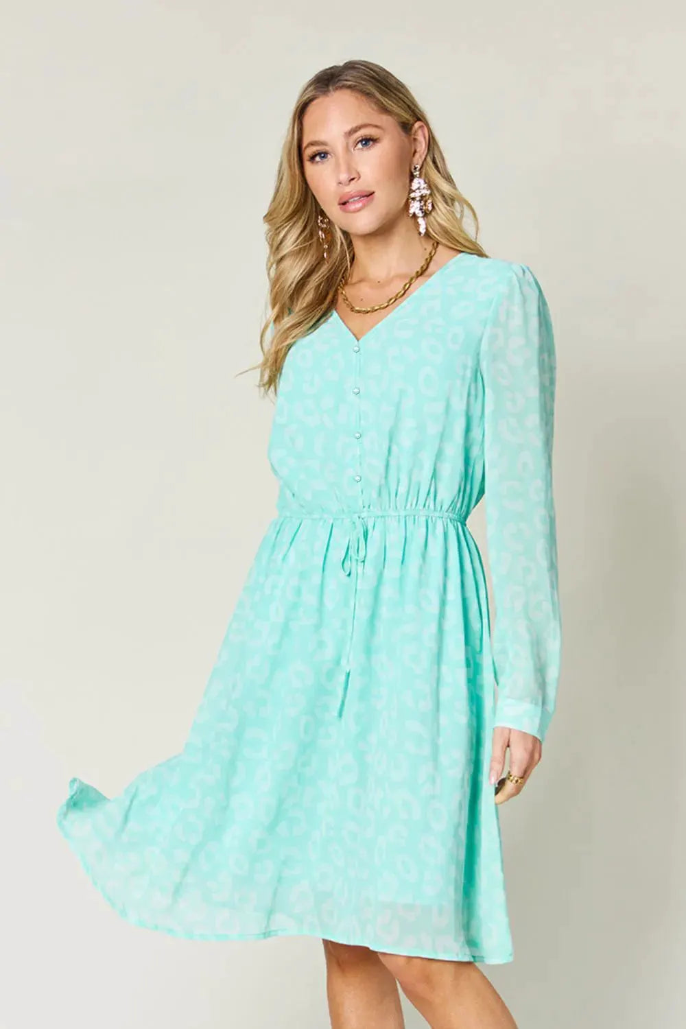 Double Take Full Size Printed Ruched V-Neck Long Sleeve Dress by Double Take