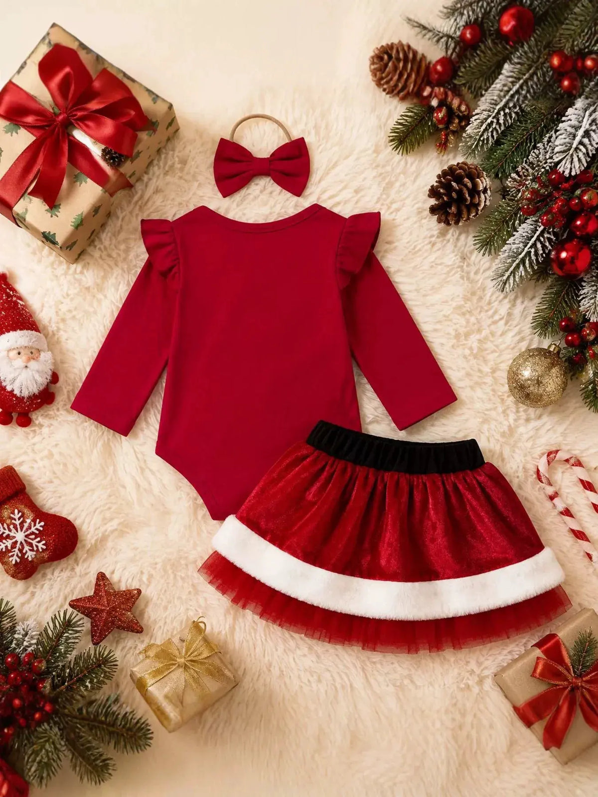 Children's Christmas Long Sleeve Bodysuit and Skirt Set with Bow Headband by Trendsi