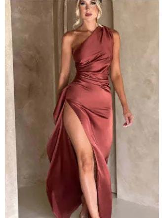 Sexy One-shoulder Backless Slit Dress Summer Elegant Slim-fit Solid Color Satin Dresses For Women by Maiden-Art