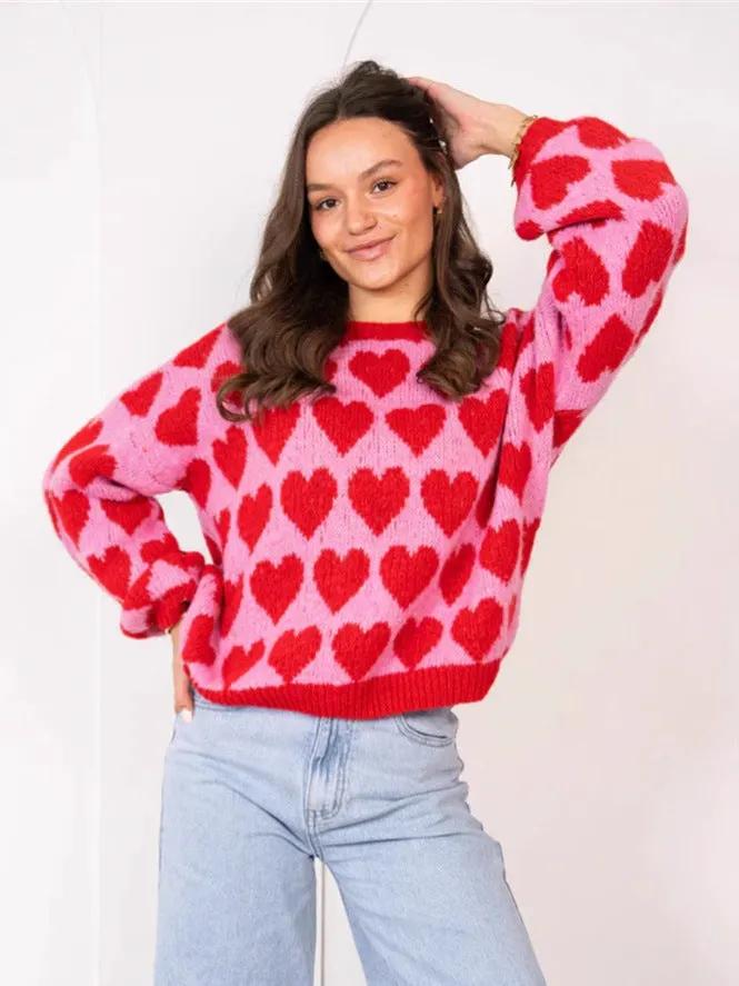 Heart Jacquard Color Contrast Short Knitted Valentine's Day Sweater by Maiden-Art