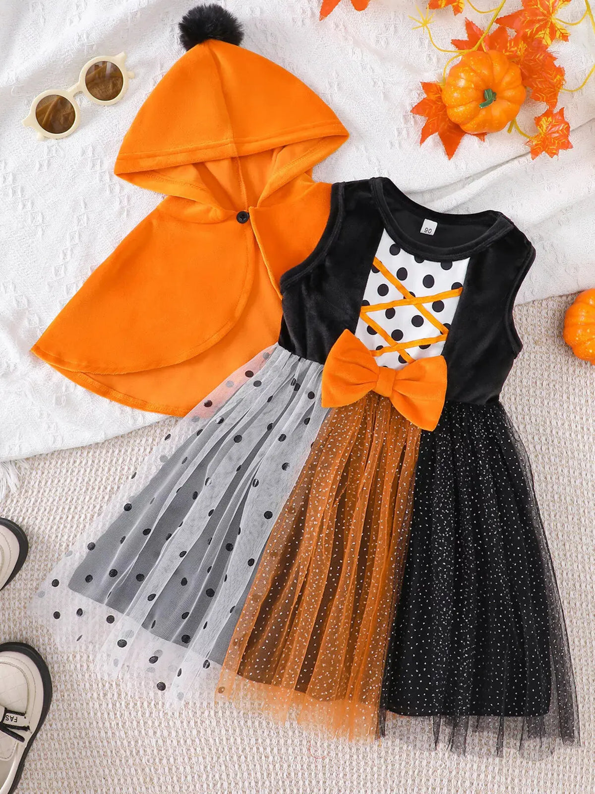 Children's Halloween Pumpkin Hooded Cape and Polka Dot Tulle Dress Set by Trendsi