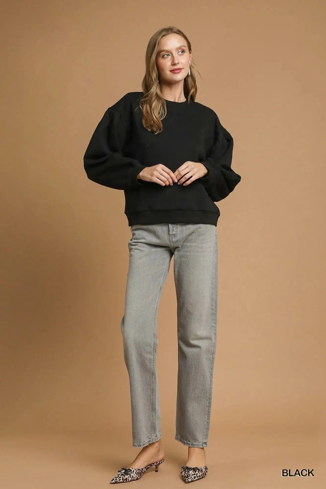 Umgee Round Neck Sweatshirt with Pleated Detail by Umgee