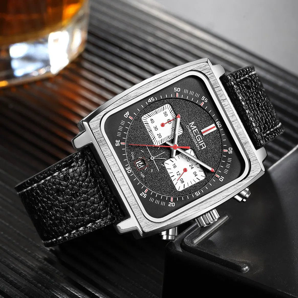 MEGIR Watches for Men Luxury Black Sports Casual Chronograph Waterproof Calendar Square Dial Wristwatches with Date Clock 2182 by MEGIR WATCH GROUP