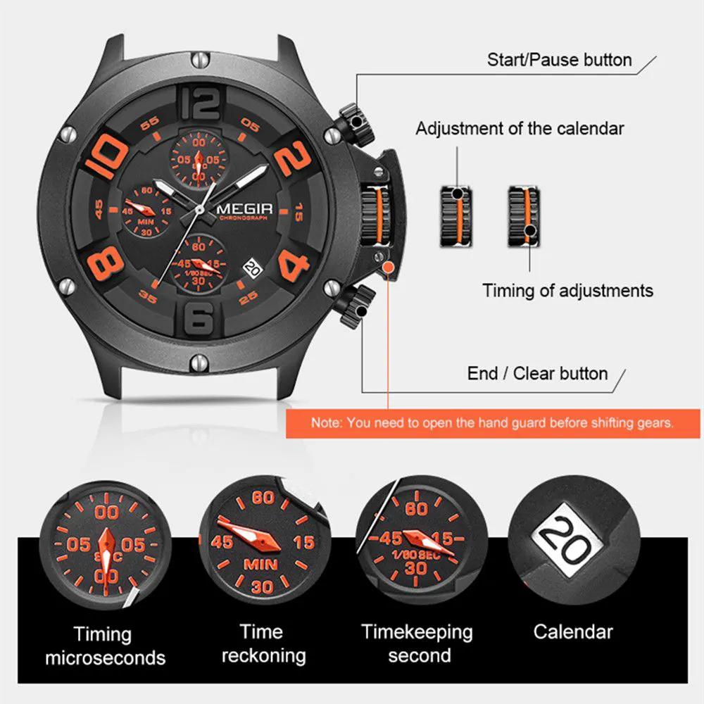 MEGIR Relogio Masculino Luxury Quartz Watch for Men Yellow Silicone Strap Military Sport WristWatch Chronograph with Auto Date 8115 by MEGIR WATCH GROUP