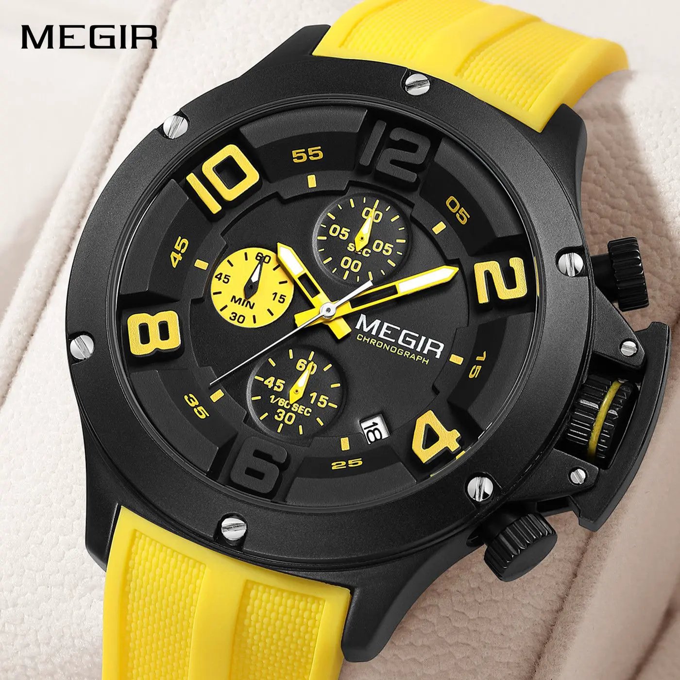 MEGIR Relogio Masculino Luxury Quartz Watch for Men Yellow Silicone Strap Military Sport WristWatch Chronograph with Auto Date 8115 by MEGIR WATCH GROUP