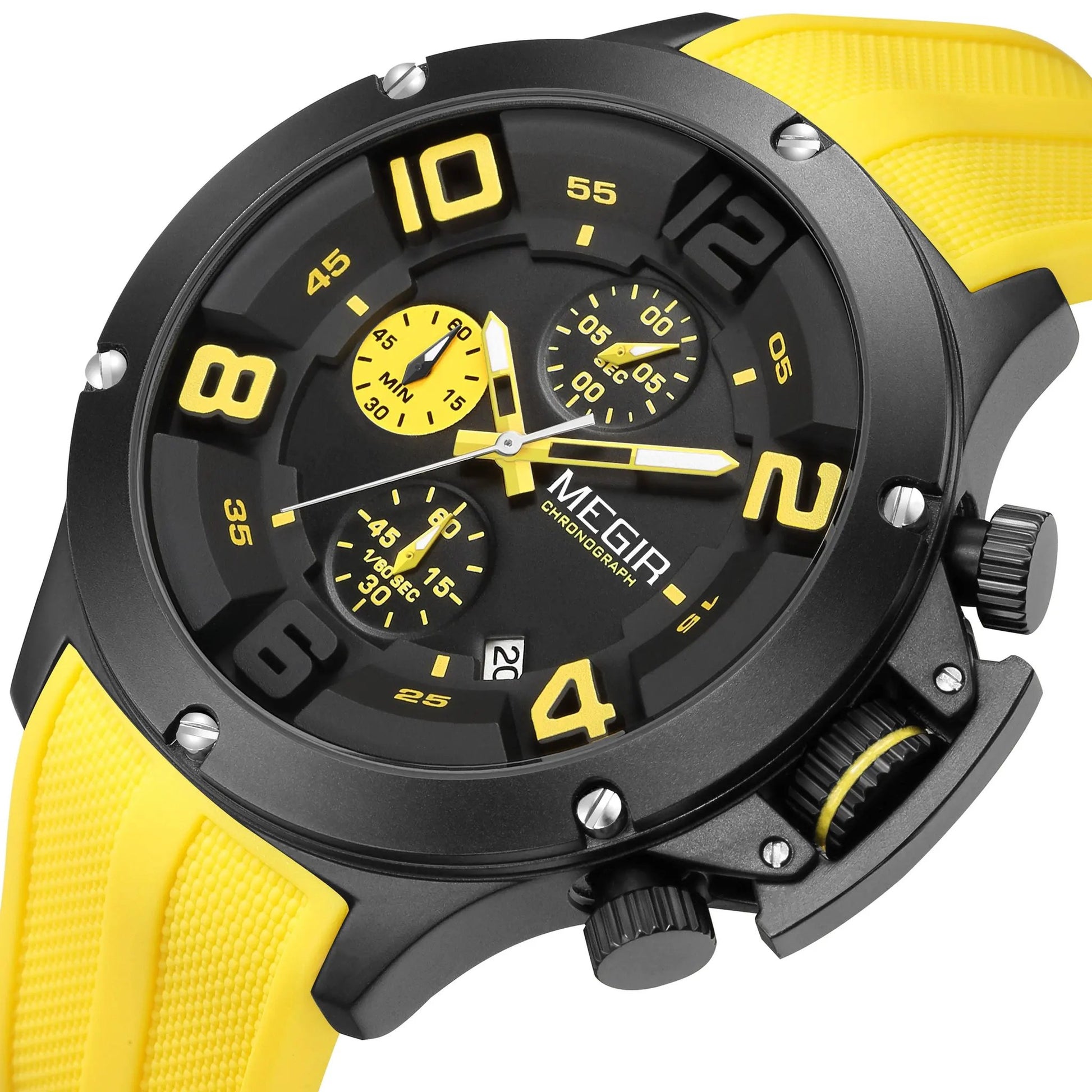 MEGIR Relogio Masculino Luxury Quartz Watch for Men Yellow Silicone Strap Military Sport WristWatch Chronograph with Auto Date 8115 by MEGIR WATCH GROUP