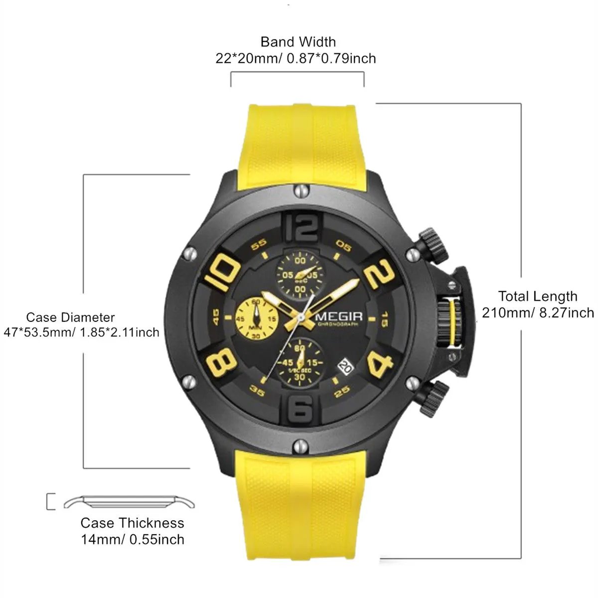 MEGIR Relogio Masculino Luxury Quartz Watch for Men Yellow Silicone Strap Military Sport WristWatch Chronograph with Auto Date 8115 by MEGIR WATCH GROUP