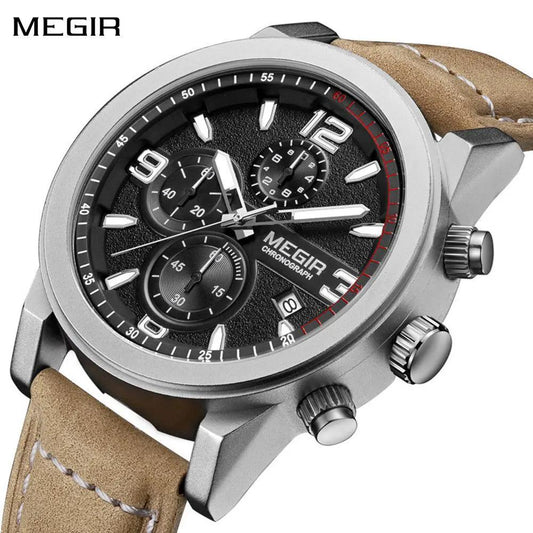 MEGIR Luxury Chronograph Men's Sport Watches Leather Strap Quartz Wristwatch Luminous Casual Male Clock Relogio Masculino 2026 by MEGIR WATCH GROUP