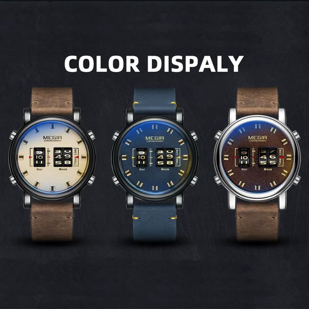 MEGIR Roller Pointer Watches for Men Fashion Luxury Military Sport Watch Leather Strap Quartz Wristwatch Clock Relogio Mascilino 2137 by MEGIR WATCH GROUP
