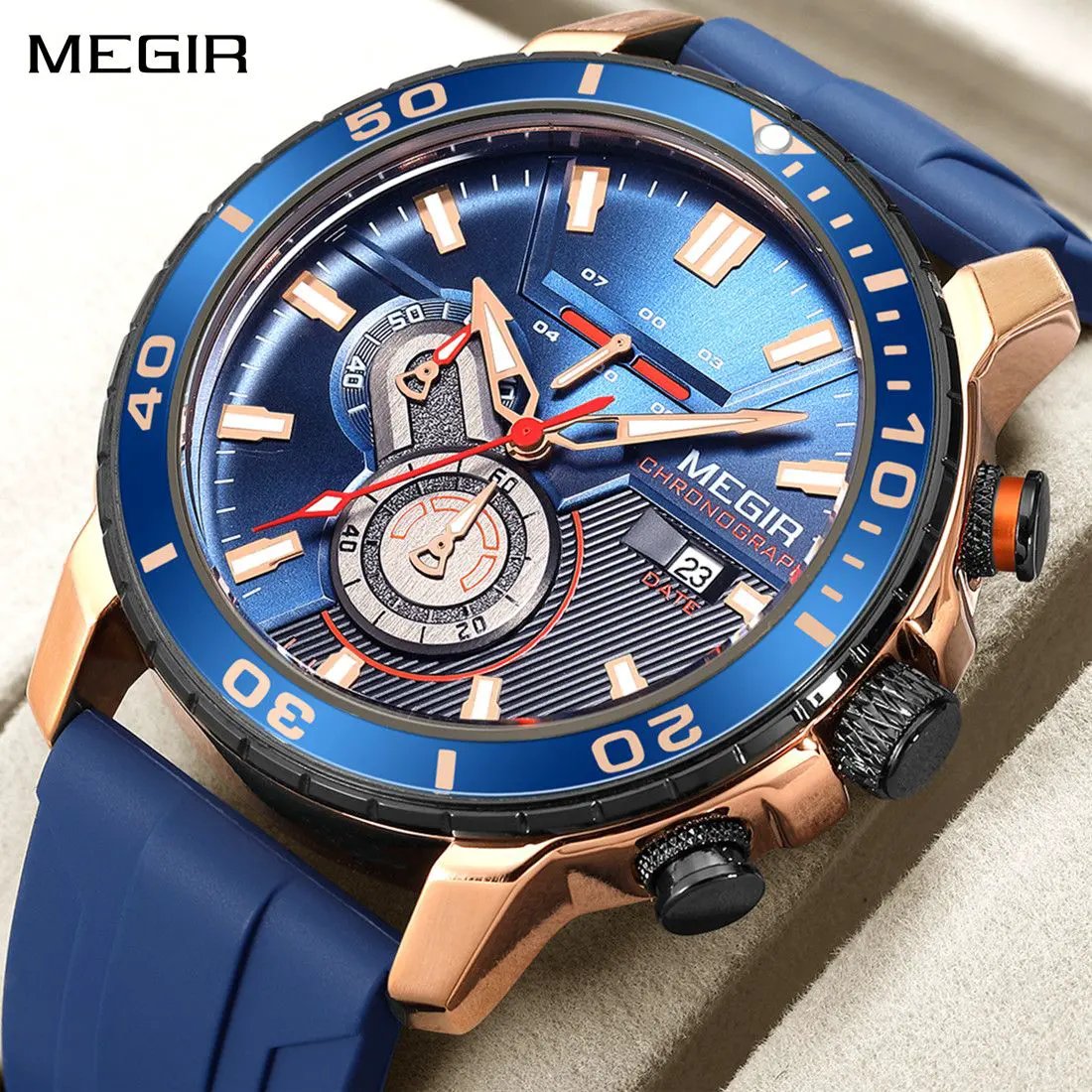 MEGIR Luxury Military Watches for Men Fashion Sport Quartz Wristwatch Waterproof Silicone Band Male Clock Chronograph with Date 2224 by MEGIR WATCH GROUP