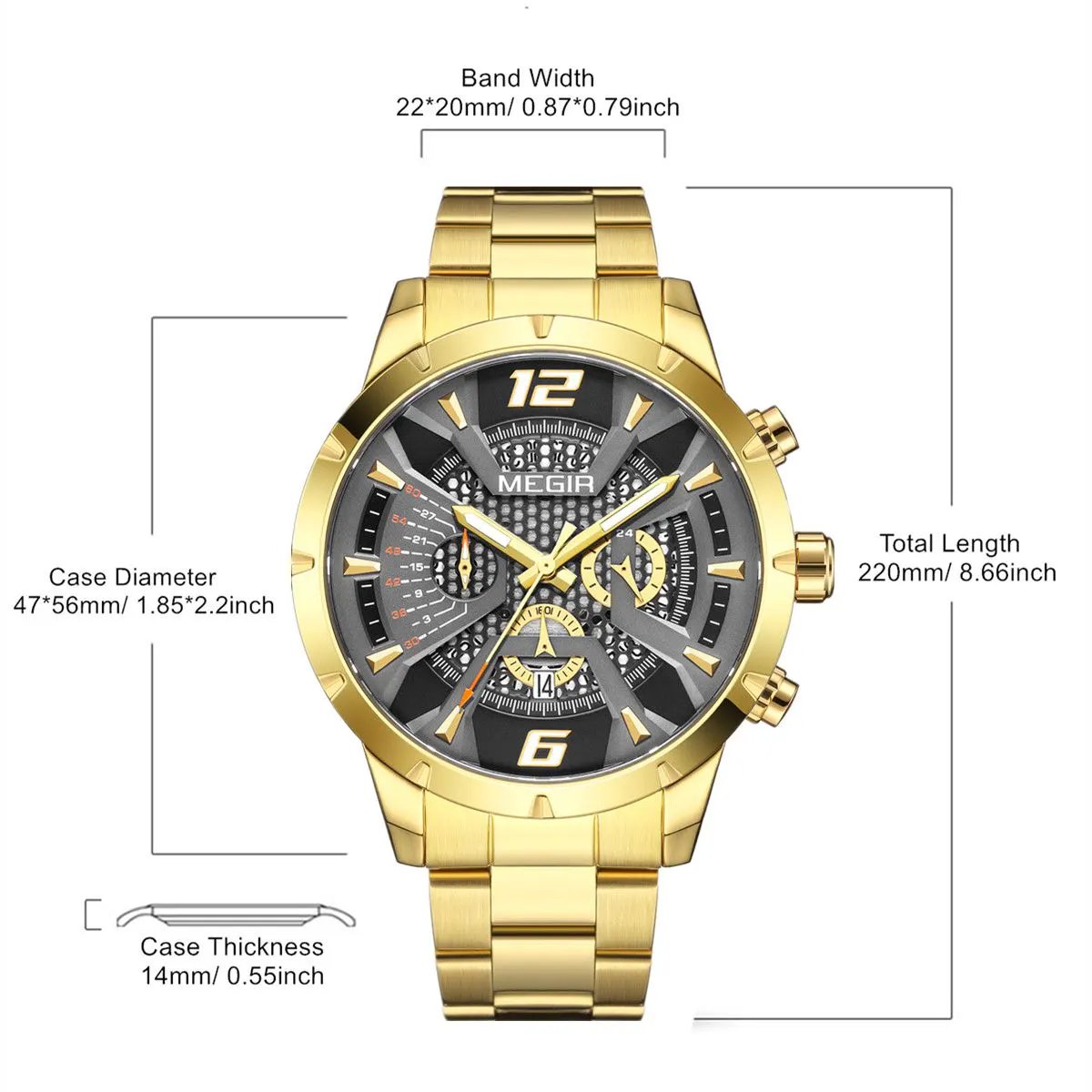MEGIR Stainless Steel Bracelet Watch for Men Luxury Business Casual Quartz Wristwatch Date Clock Chronograph Big Dial Reloj Hombre 2221 by MEGIR WATCH GROUP
