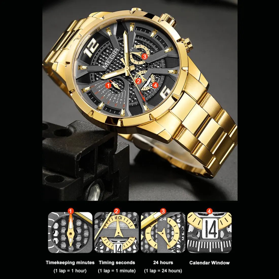 MEGIR Stainless Steel Bracelet Watch for Men Luxury Business Casual Quartz Wristwatch Date Clock Chronograph Big Dial Reloj Hombre 2221 by MEGIR WATCH GROUP