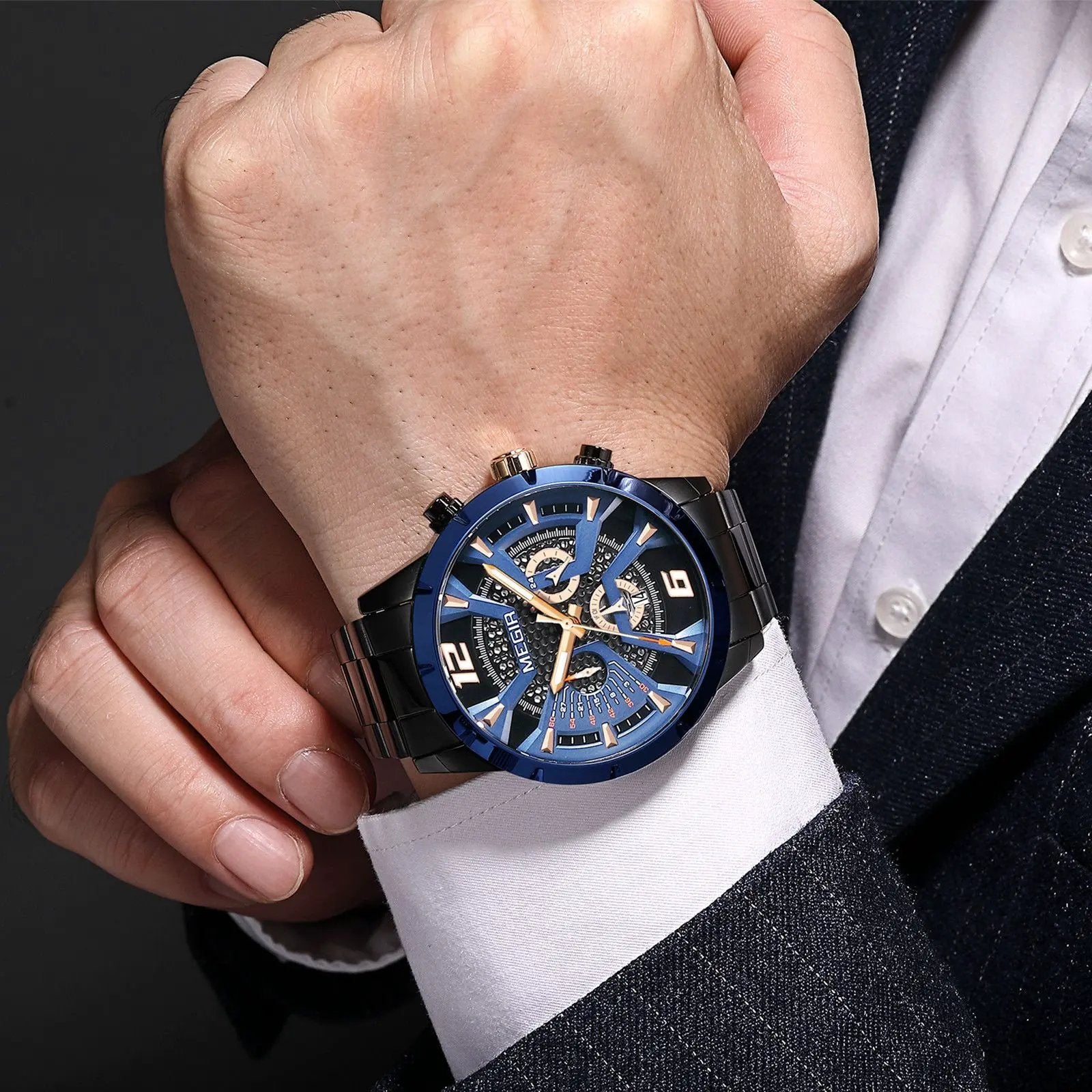 MEGIR Stainless Steel Bracelet Watch for Men Luxury Business Casual Quartz Wristwatch Date Clock Chronograph Big Dial Reloj Hombre 2221 by MEGIR WATCH GROUP