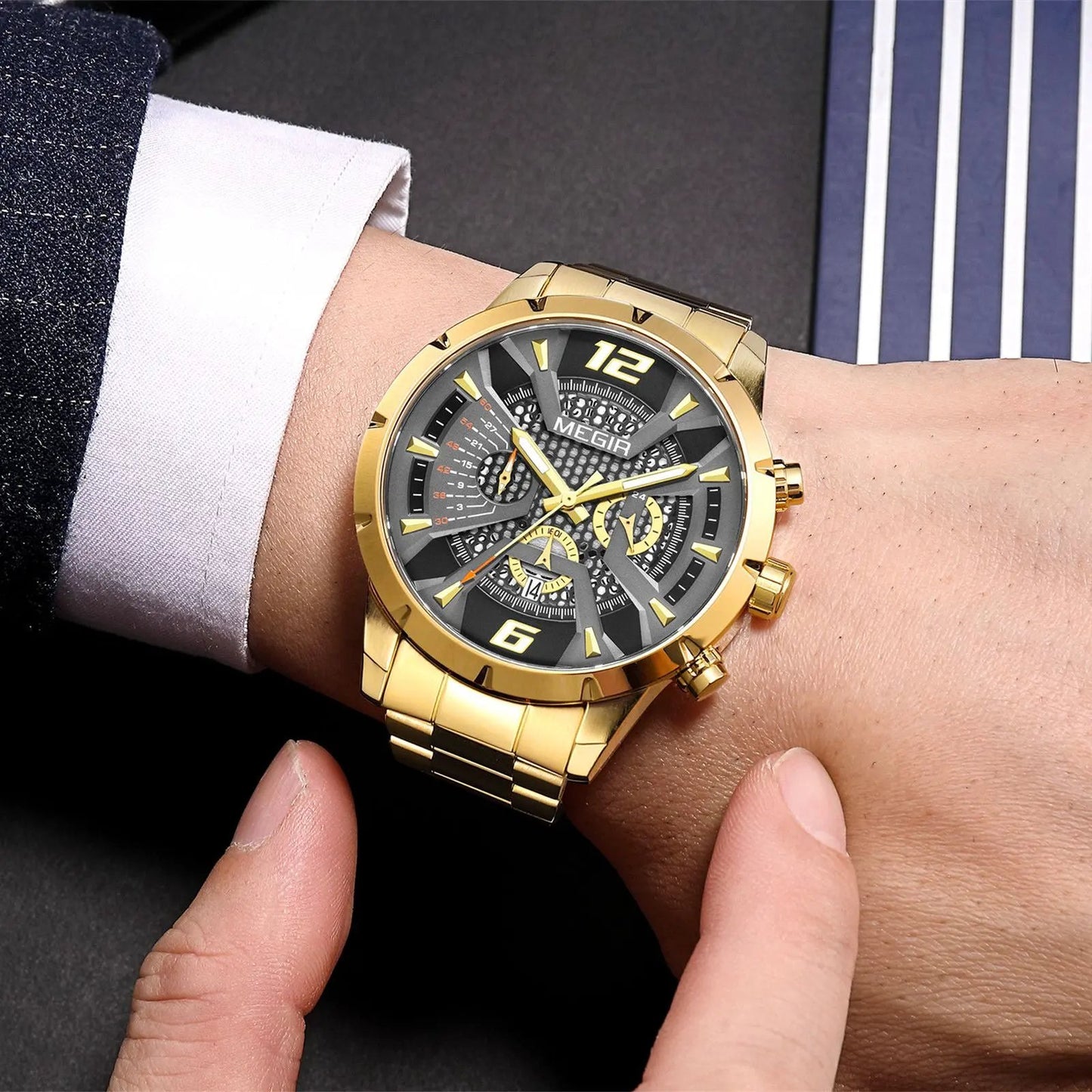 MEGIR Stainless Steel Bracelet Watch for Men Luxury Business Casual Quartz Wristwatch Date Clock Chronograph Big Dial Reloj Hombre 2221 by MEGIR WATCH GROUP