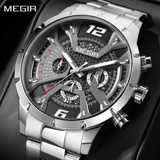 MEGIR Stainless Steel Bracelet Watch for Men Luxury Business Casual Quartz Wristwatch Date Clock Chronograph Big Dial Reloj Hombre 2221 by MEGIR WATCH GROUP