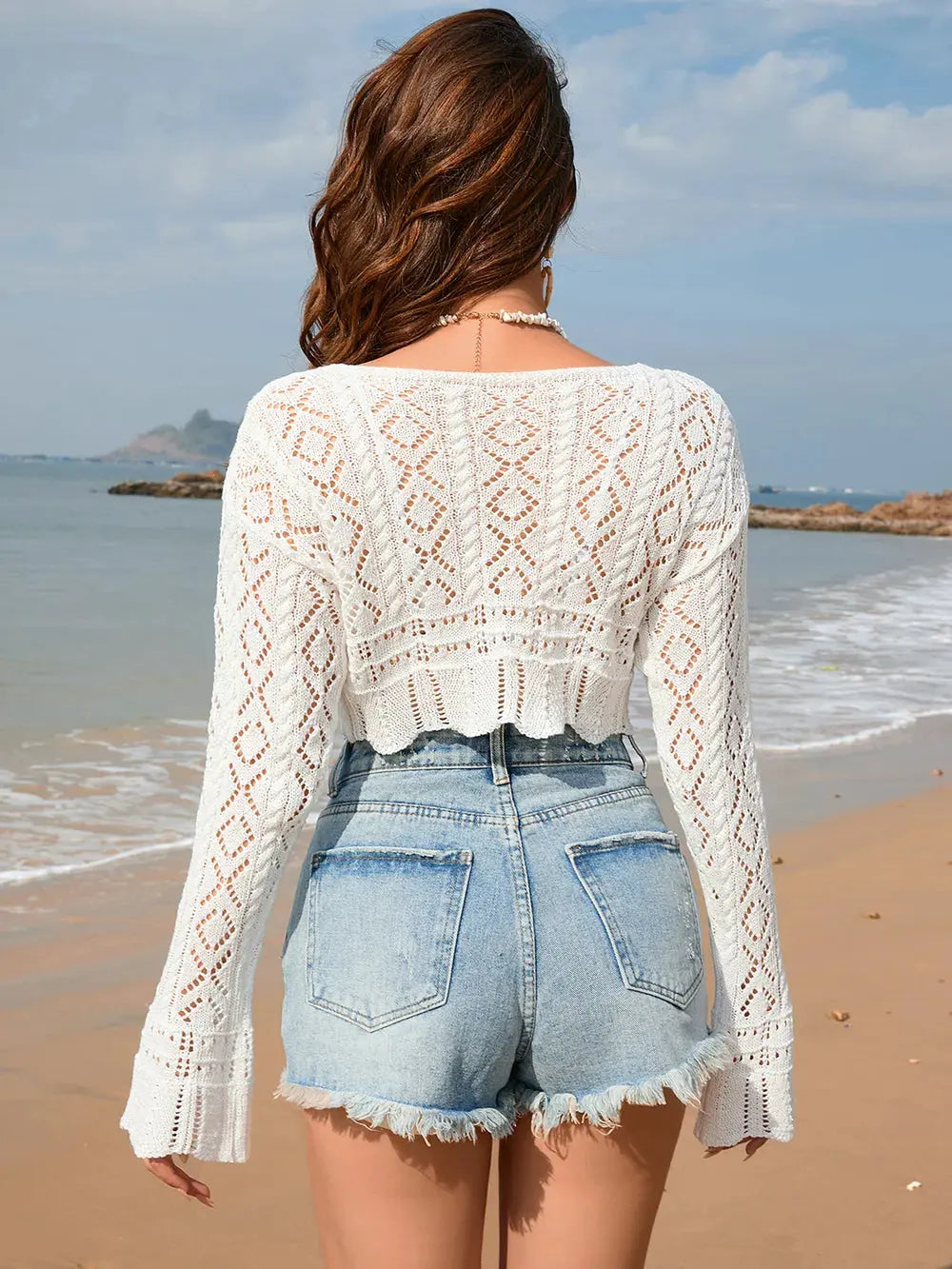 Drawstring Openwork Long Sleeve Cover-Up by Partner Labels