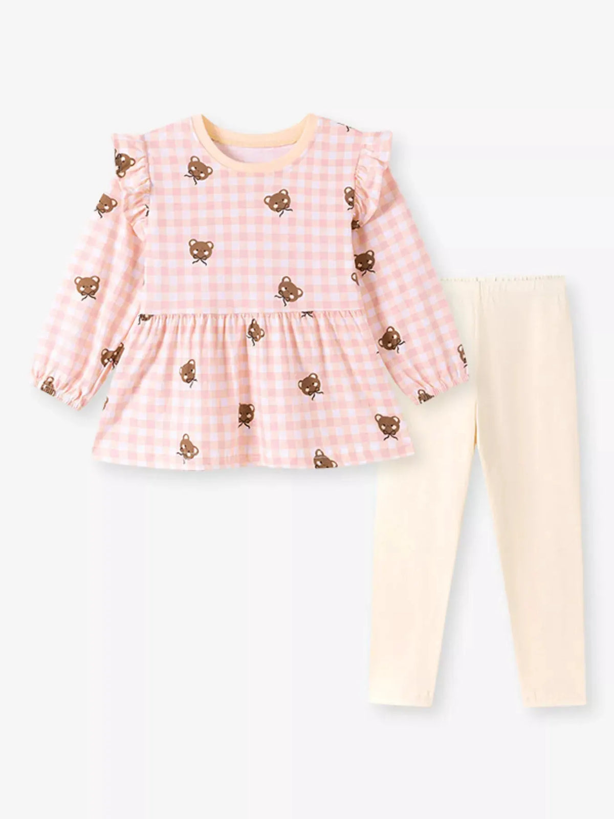 Children's Gingham Bear Print Peplum Top and Leggings Set by Trendsi