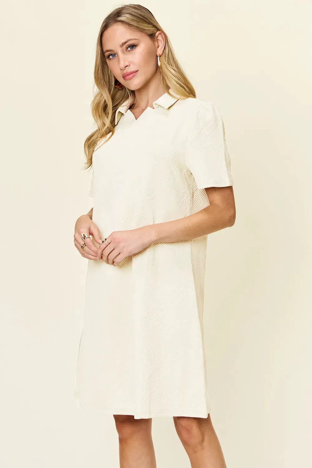 Double Take Full Size Texture Collared Neck Short Sleeve Dress by Double Take