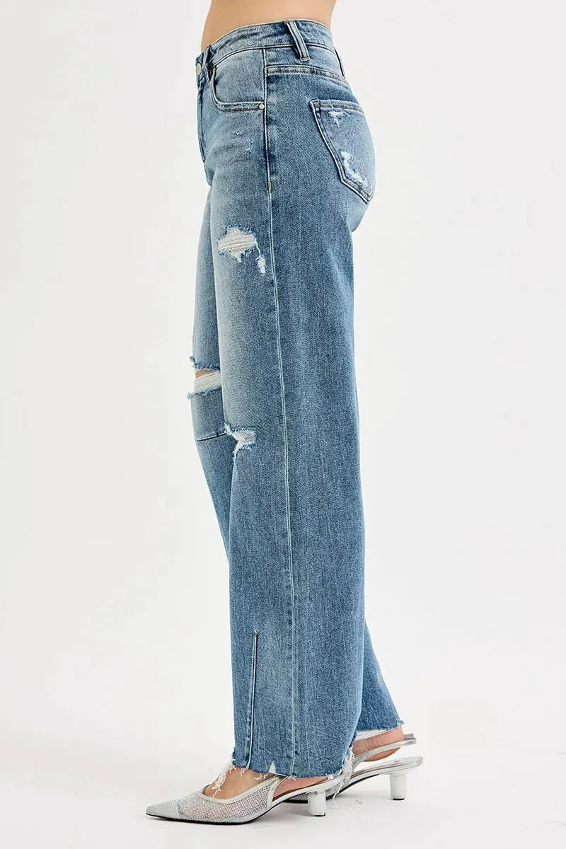 RISEN Full Size Mid Rise Fit Wide Baggy Leg Tie Washed Jeans Plus Size by RISEN