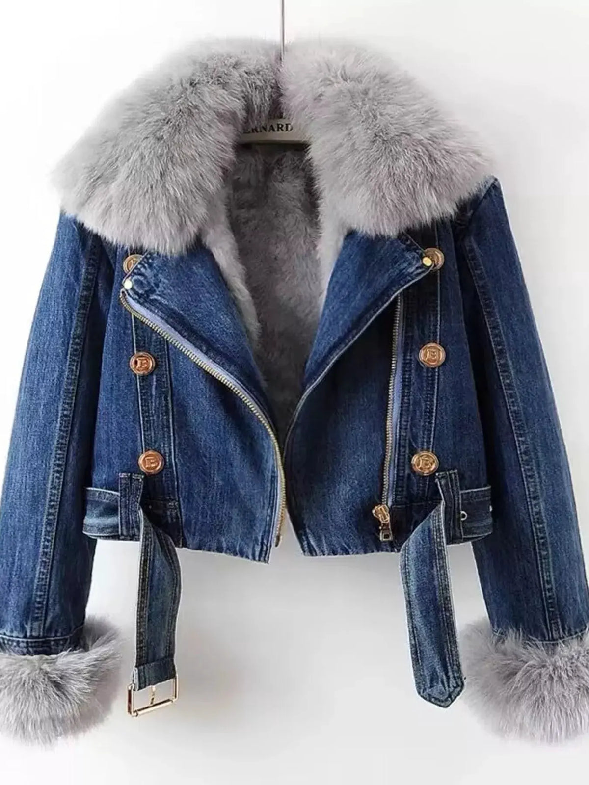 Full Size Faux Fur Collar Denim Jacket Plus Size by Partner Label